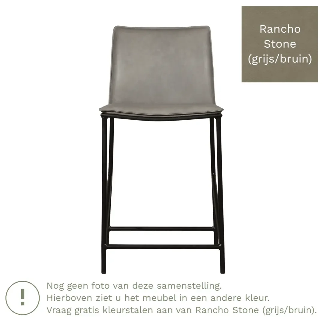 afbeelding van Leren barkruk laag Favor - Rancho Stone (grijs/bruin) - poten staal rond zwart